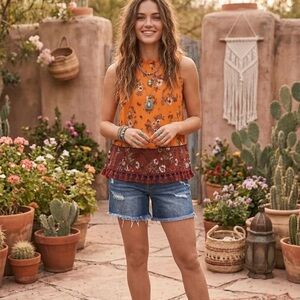 Fever Orange Floral Tassel-Hem Sleeveless Tank